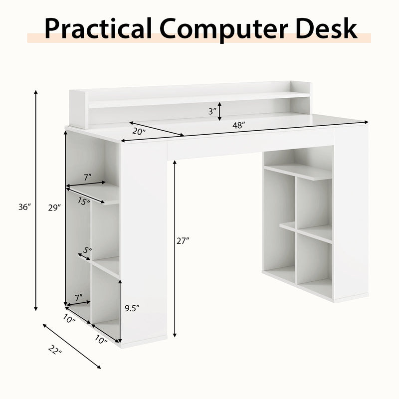 Office Computer Desk with Dual 3 Tier Bookshelf and Monitor Shelf-White