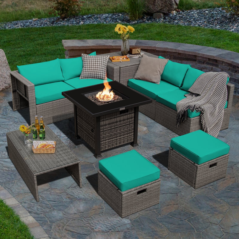 9 Pieces Outdoor Patio Furniture Set with 32-Inch Propane Fire Pit Table-Turquoise