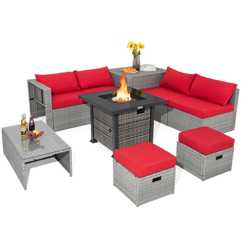 9 Pieces Outdoor Patio Furniture Set with 32-Inch Propane Fire Pit Table-Red