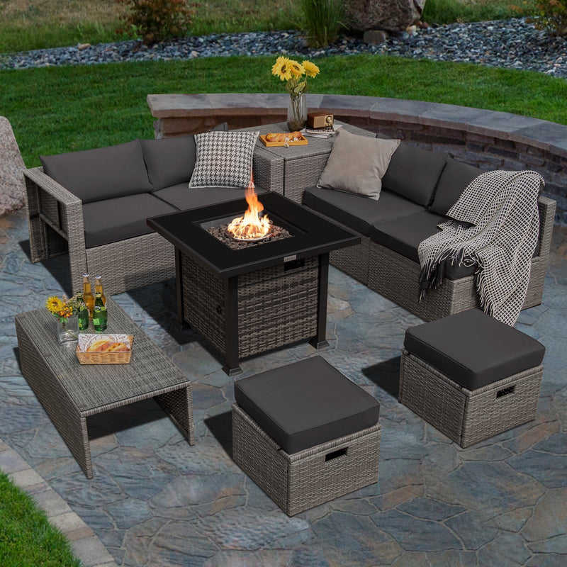 9 Pieces Outdoor Patio Furniture Set with 32-Inch Propane Fire Pit Table-Gray