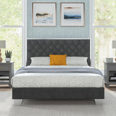 Full/Queen Size Upholstered Bed Frame with Velvet Headboard-Queen Size