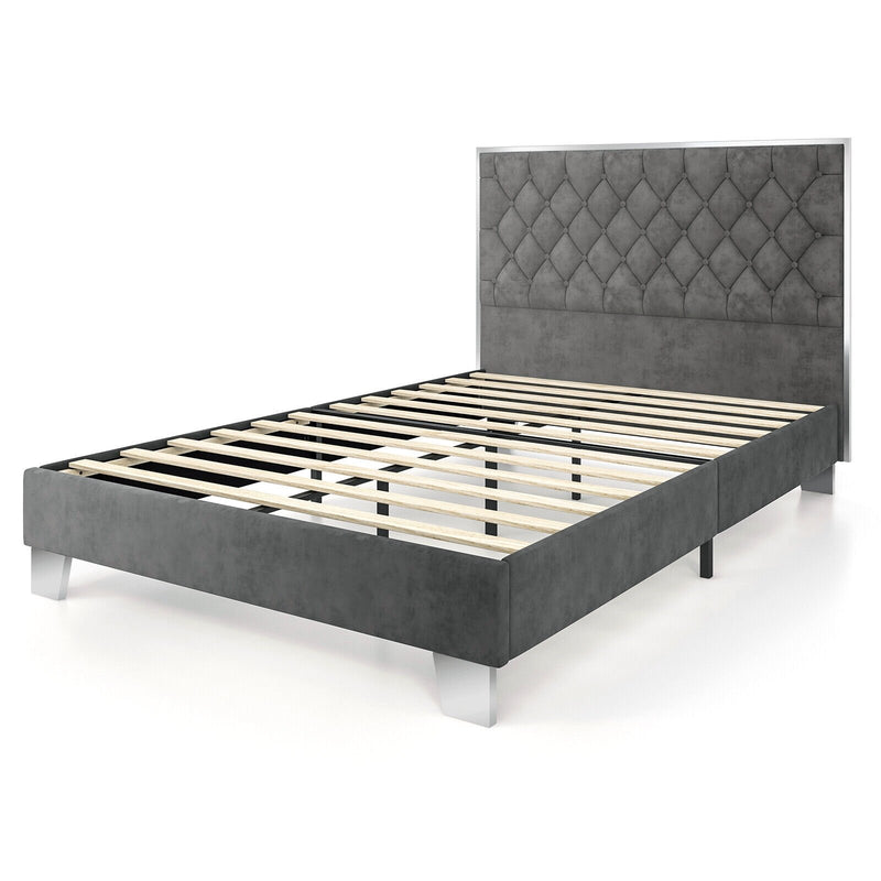 Full/Queen Size Upholstered Bed Frame with Velvet Headboard-Queen Size