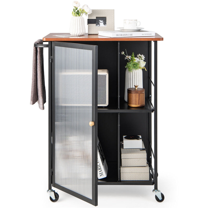 Mobile Serving Cart with Transparent Single Door Cabinet-Black