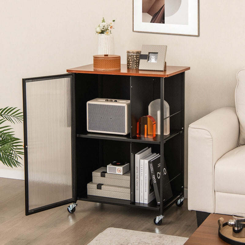 Mobile Serving Cart with Transparent Single Door Cabinet-Black