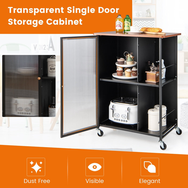 Mobile Serving Cart with Transparent Single Door Cabinet-Black