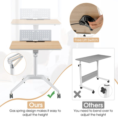 Height Adjustable Mobile Standing Desk with Detachable Holde-Natural