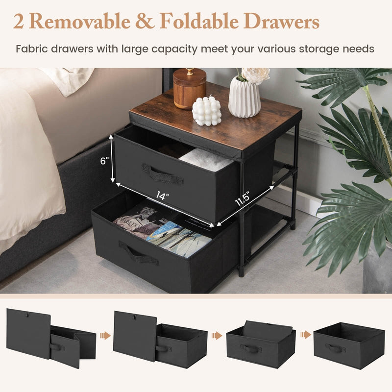 2-Drawer Nightstand with Removable Fabric Bins and Pull Handles-Black