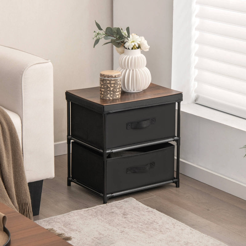 2-Drawer Nightstand with Removable Fabric Bins and Pull Handles-Black