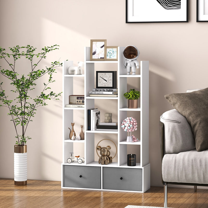 12-Tier Open-Back Freestanding Bookshelf with Drawer-White