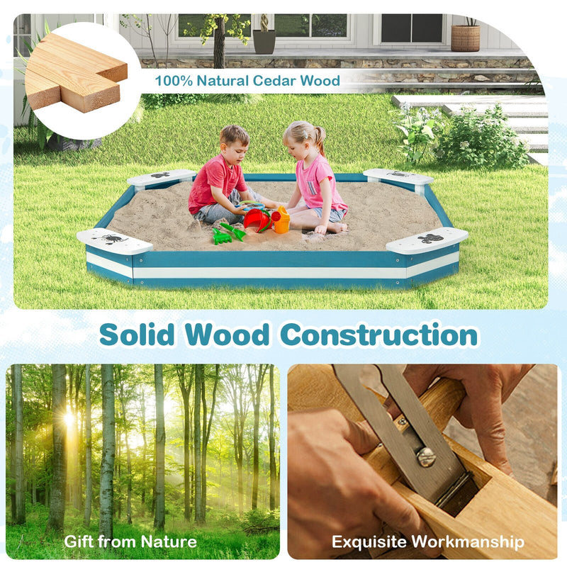 Outdoor Solid Wood Sandbox with 4 Built-in Animal Patterns Seats