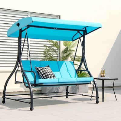 3 Seat Outdoor Porch Swing with Adjustable Canopy-Blue