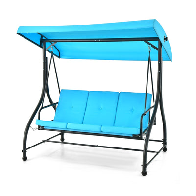 3 Seat Outdoor Porch Swing with Adjustable Canopy-Blue