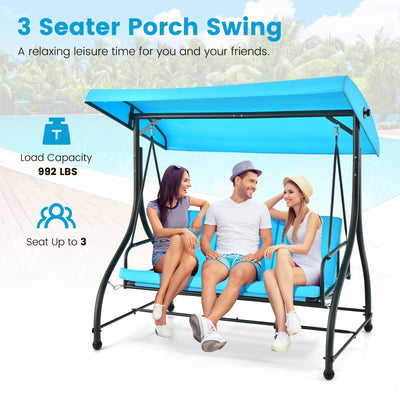 3 Seat Outdoor Porch Swing with Adjustable Canopy-Blue