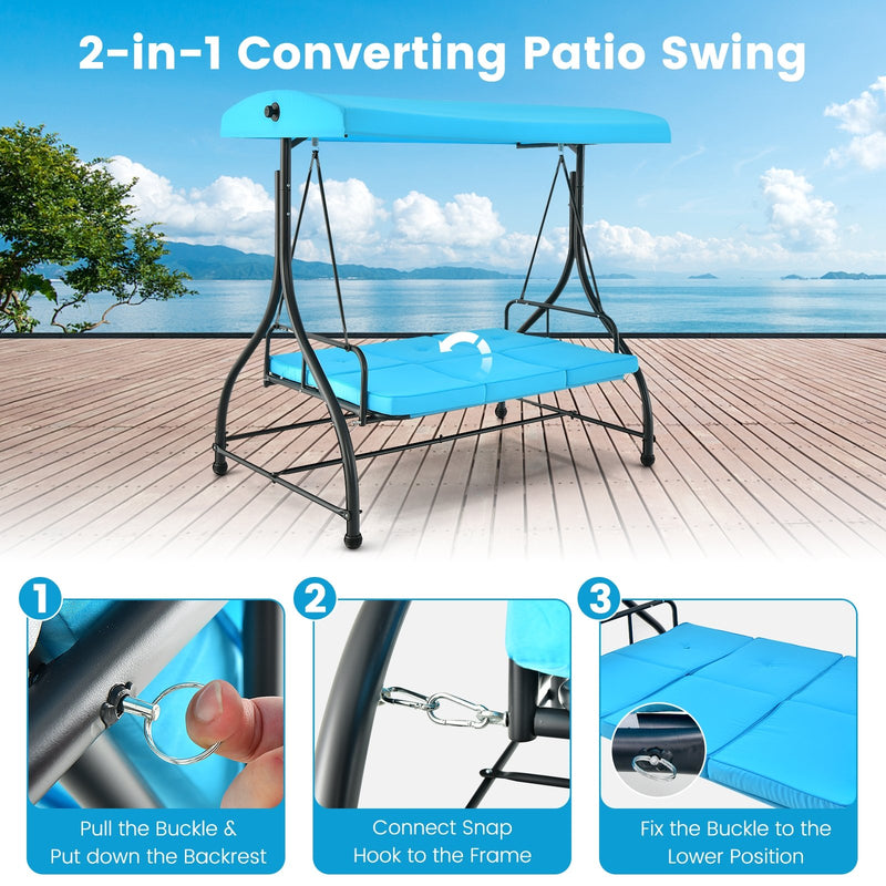 3 Seat Outdoor Porch Swing with Adjustable Canopy-Blue