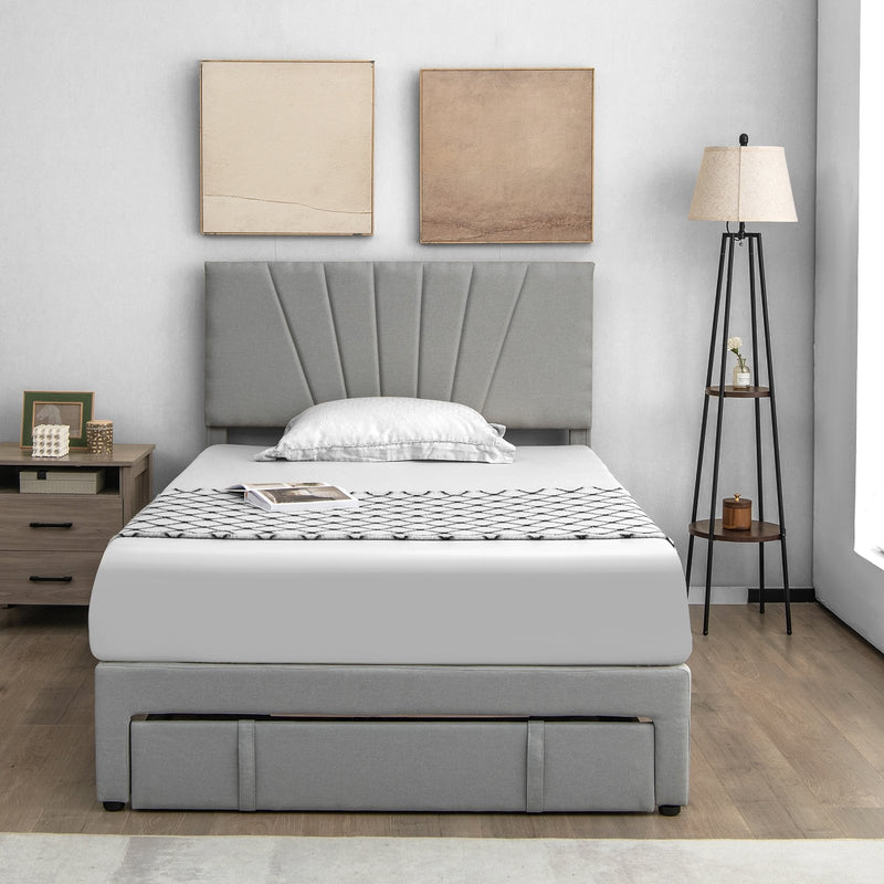 Full/Queen Size Upholstered Bed Frame with Drawer and Adjustable Headboard-Full Size