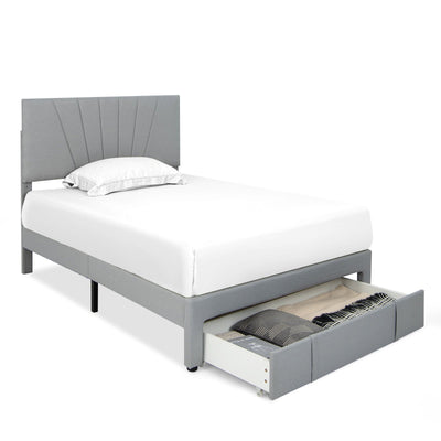 Full/Queen Size Upholstered Bed Frame with Drawer and Adjustable Headboard-Full Size