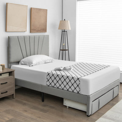 Full/Queen Size Upholstered Bed Frame with Drawer and Adjustable Headboard-Full Size