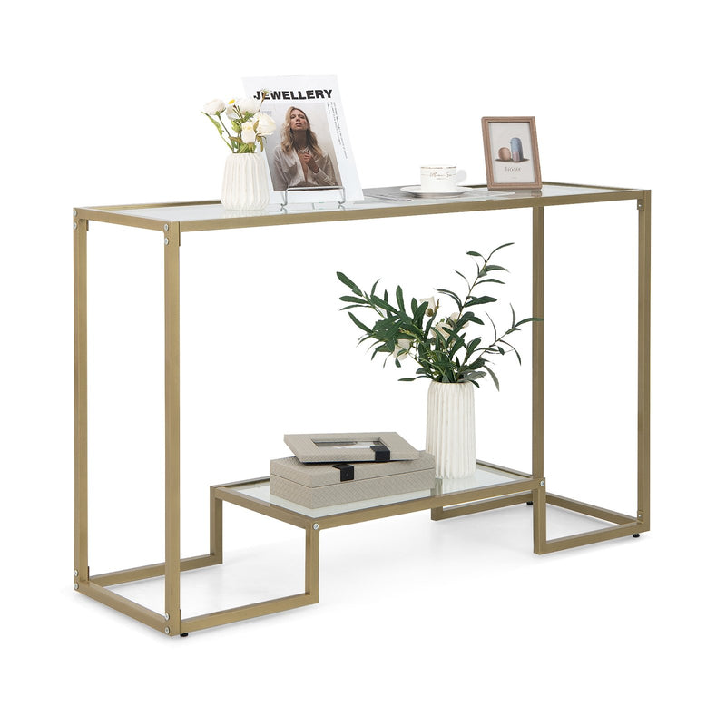 48 Inch 2-Tier Console Table with Tempered Glass Tabletop for Hallway-Golden