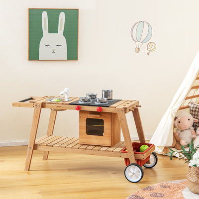 Wooden Play Cart with Sun Proof Umbrella for Toddlers Over 3 Years Old-Brown