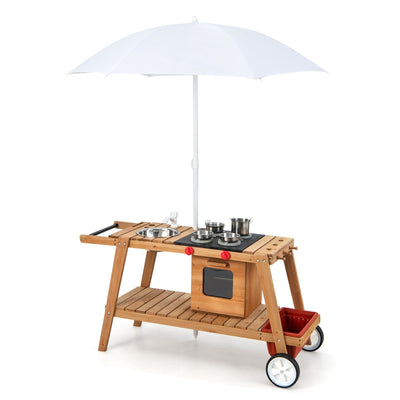 Wooden Play Cart with Sun Proof Umbrella for Toddlers Over 3 Years Old-Brown