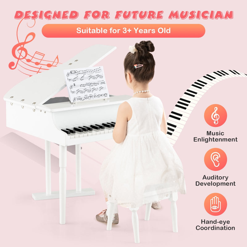 30-Key Kids Piano Keyboard Toy with Bench Piano Lid and Music Rack-White