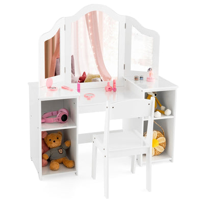 Kids Vanity Table and Chair Set with Removable Tri-Folding Mirror-White