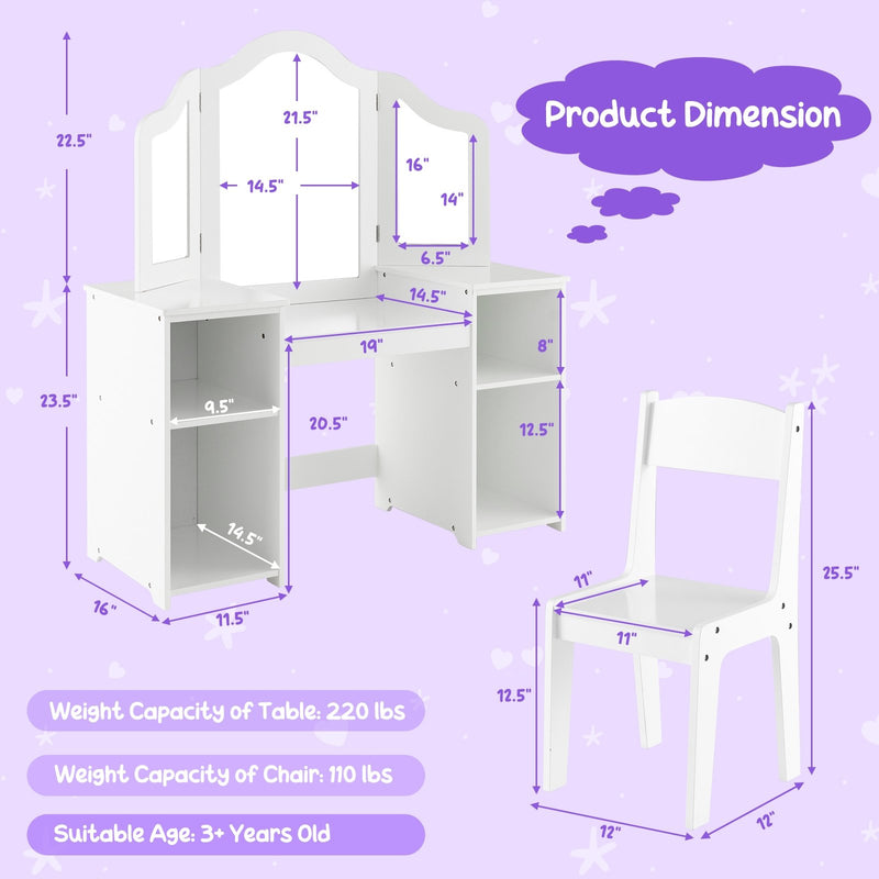 Kids Vanity Table and Chair Set with Removable Tri-Folding Mirror-White