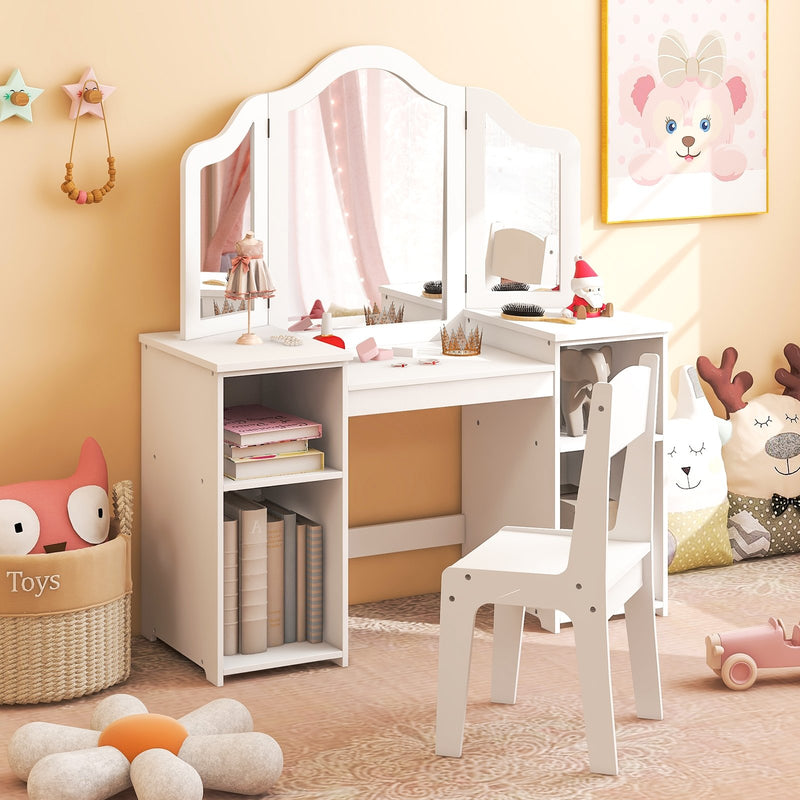 Kids Vanity Table and Chair Set with Removable Tri-Folding Mirror-White