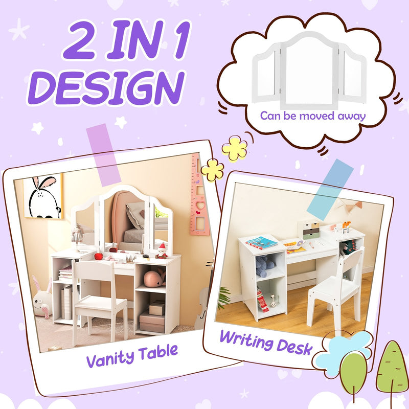 Kids Vanity Table and Chair Set with Removable Tri-Folding Mirror-White