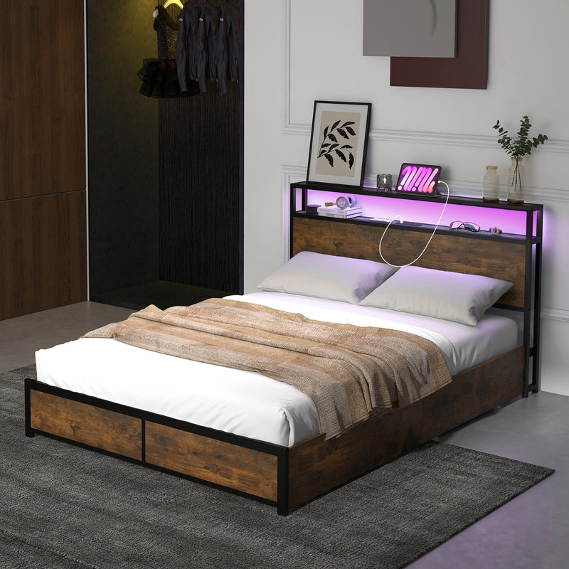 Full/Queen Size Bed Frame with Smart LED Lights and Storage Drawers-Full Size