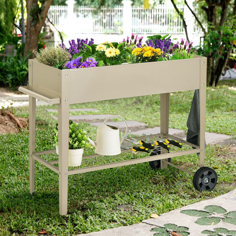 Metal Raised Garden Bed with Storage Shelf Hanging Hooks and Wheels-Light Brown