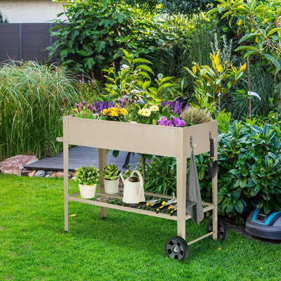 Metal Raised Garden Bed with Storage Shelf Hanging Hooks and Wheels-Light Brown