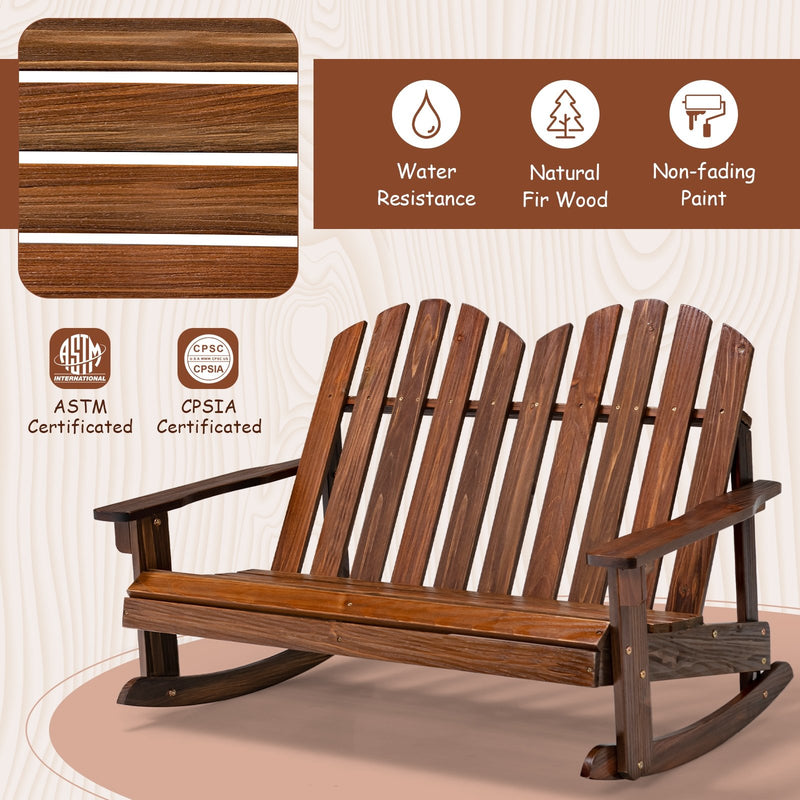 2 Person Adirondack Rocking Chair with Slatted seat-Brown