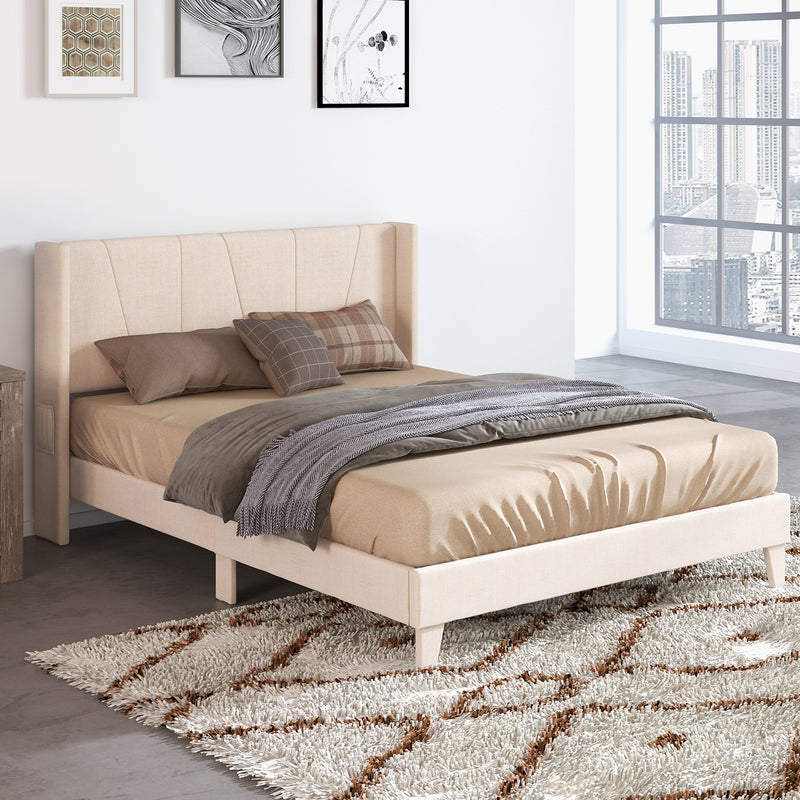 Full/Queen Size Upholstered Bed Frame with Geometric Wingback Headboard-Queen Size