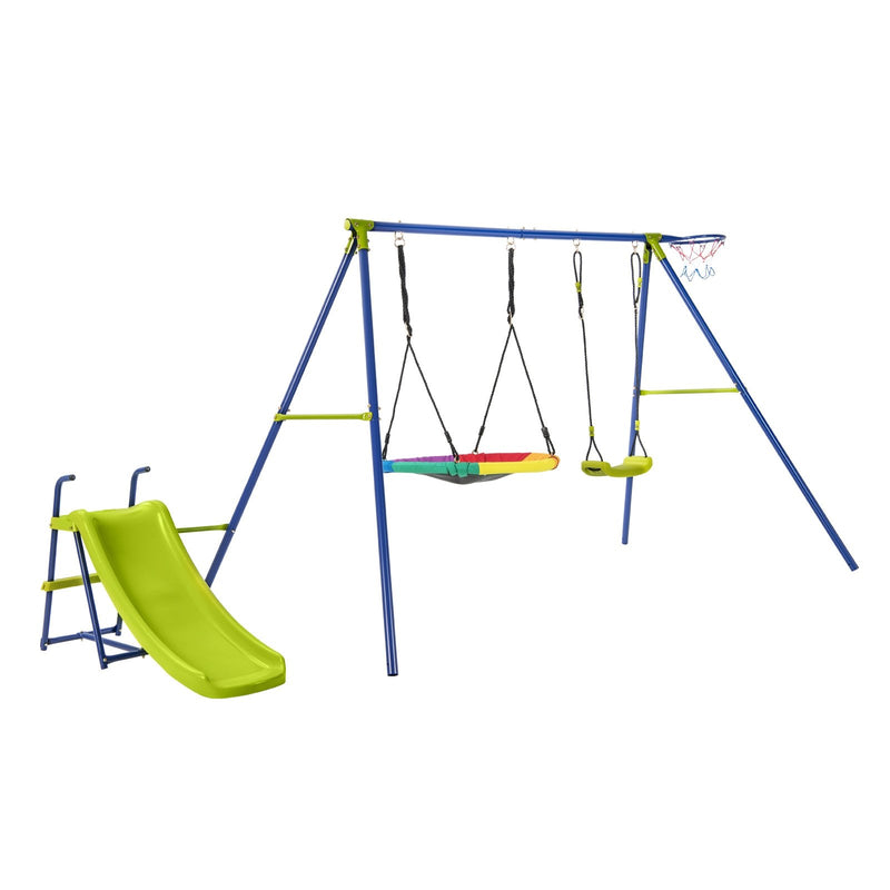 4-in-1 Heavy-Duty Metal Playset with Slide and Basketball Hoop