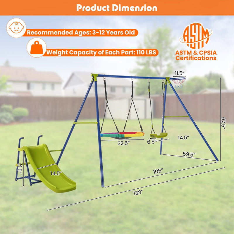 4-in-1 Heavy-Duty Metal Playset with Slide and Basketball Hoop