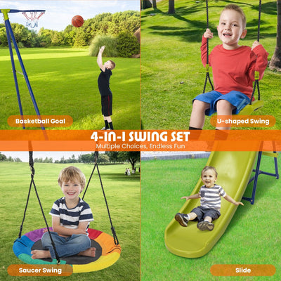 4-in-1 Heavy-Duty Metal Playset with Slide and Basketball Hoop