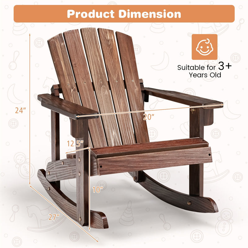 Outdoor Wooden Kid Adirondack Rocking Chair with Slatted Seat-Coffee