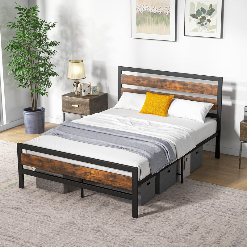 Full/Queen Industrial Bed Frame with Rustic Headboard and Footboard-Full Size