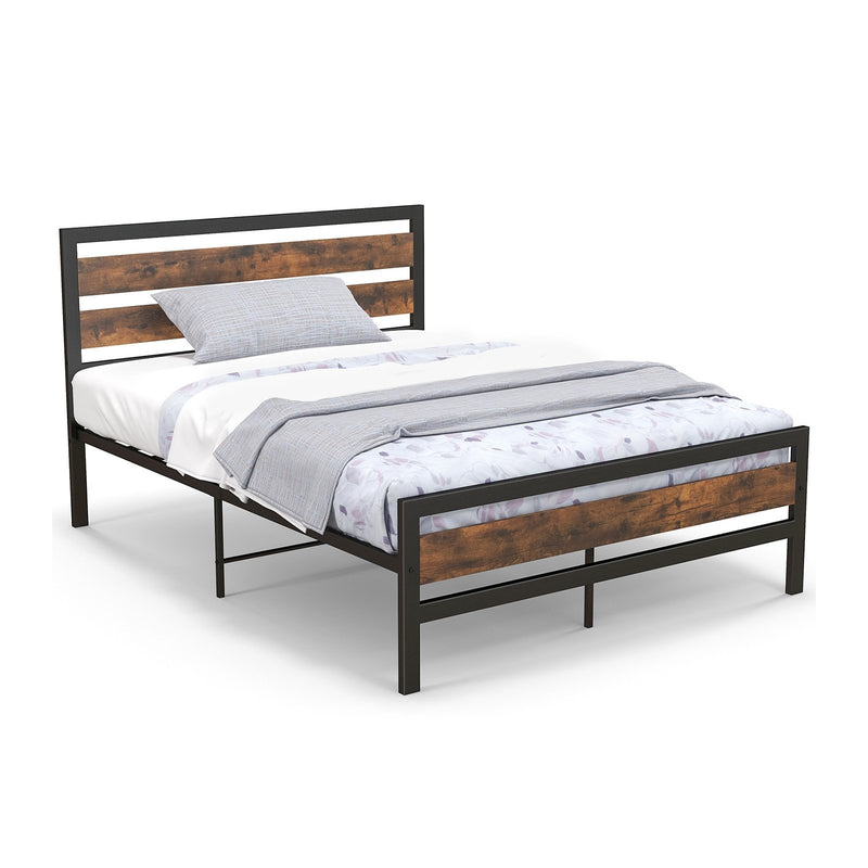 Full/Queen Industrial Bed Frame with Rustic Headboard and Footboard-Full Size