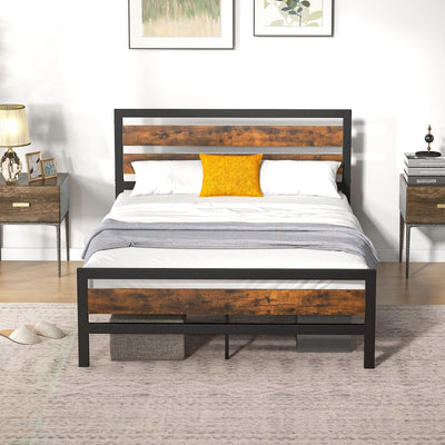 Full/Queen Industrial Bed Frame with Rustic Headboard and Footboard-Full Size