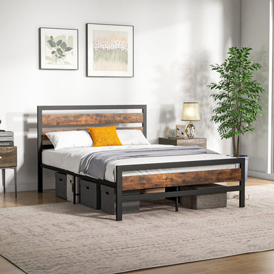 Full/Queen Industrial Bed Frame with Rustic Headboard and Footboard-Full Size