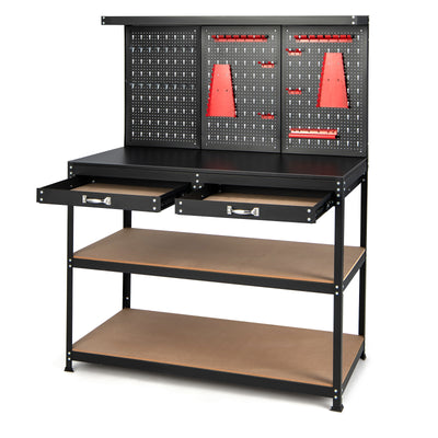 48 Inch Workbench with Pegboard and Drawers-Black