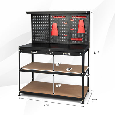 48 Inch Workbench with Pegboard and Drawers-Black