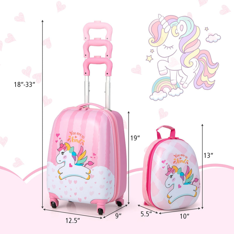 2 Pieces 12 Inch 16 Inch Kids Luggage Set with Backpack and Suitcase for Travel-Lovely Unicorn