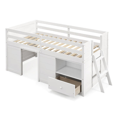 Twin Size Solid Wood Low Loft Bed with Storage and Drawer-White