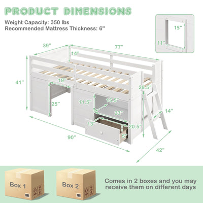 Twin Size Solid Wood Low Loft Bed with Storage and Drawer-White