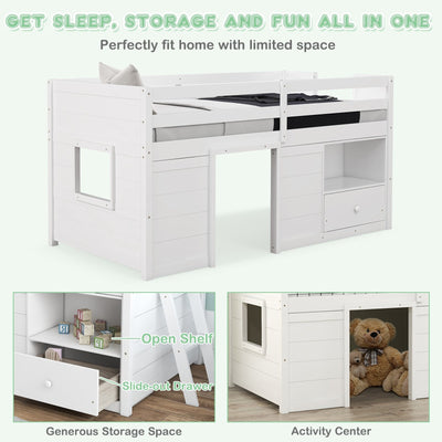 Twin Size Solid Wood Low Loft Bed with Storage and Drawer-White