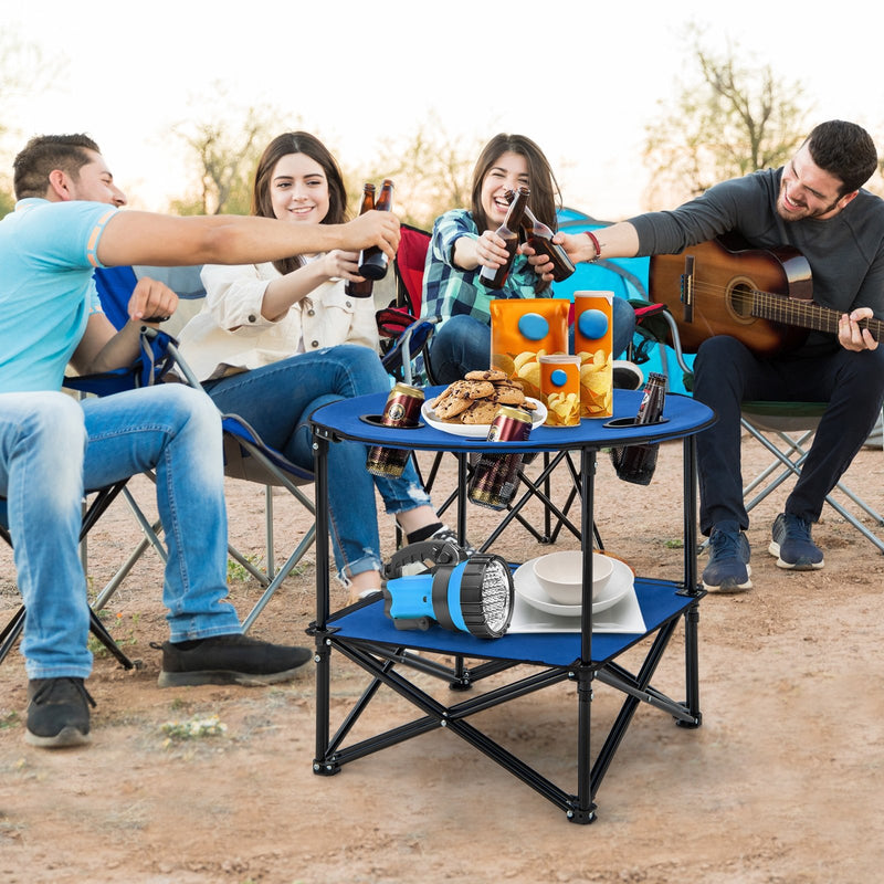 2-Tier Portable Picnic Table with Carrying Bag and 4 Cup Holders-Blue