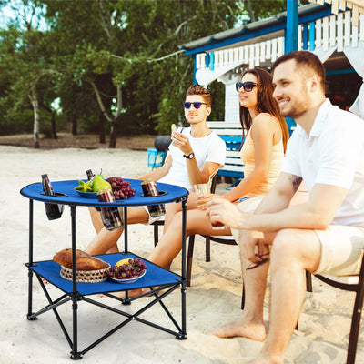 2-Tier Portable Picnic Table with Carrying Bag and 4 Cup Holders-Blue